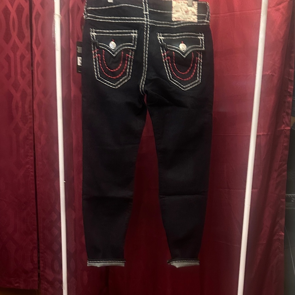 True Religion Black Jeans with Red and White Stitching